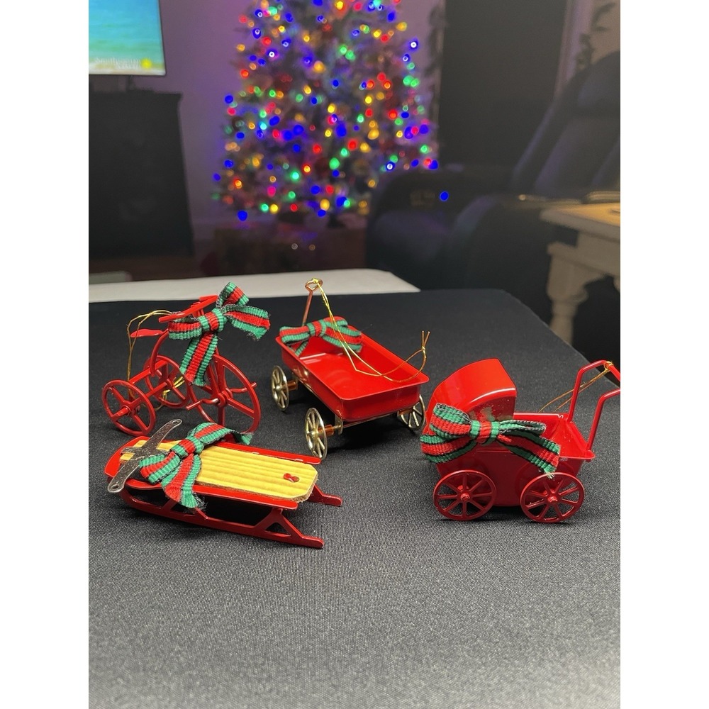 Vintage 1981 Red Metal Ornaments Buggy, Trike, Sled & Wagon. Enesco New in Box!